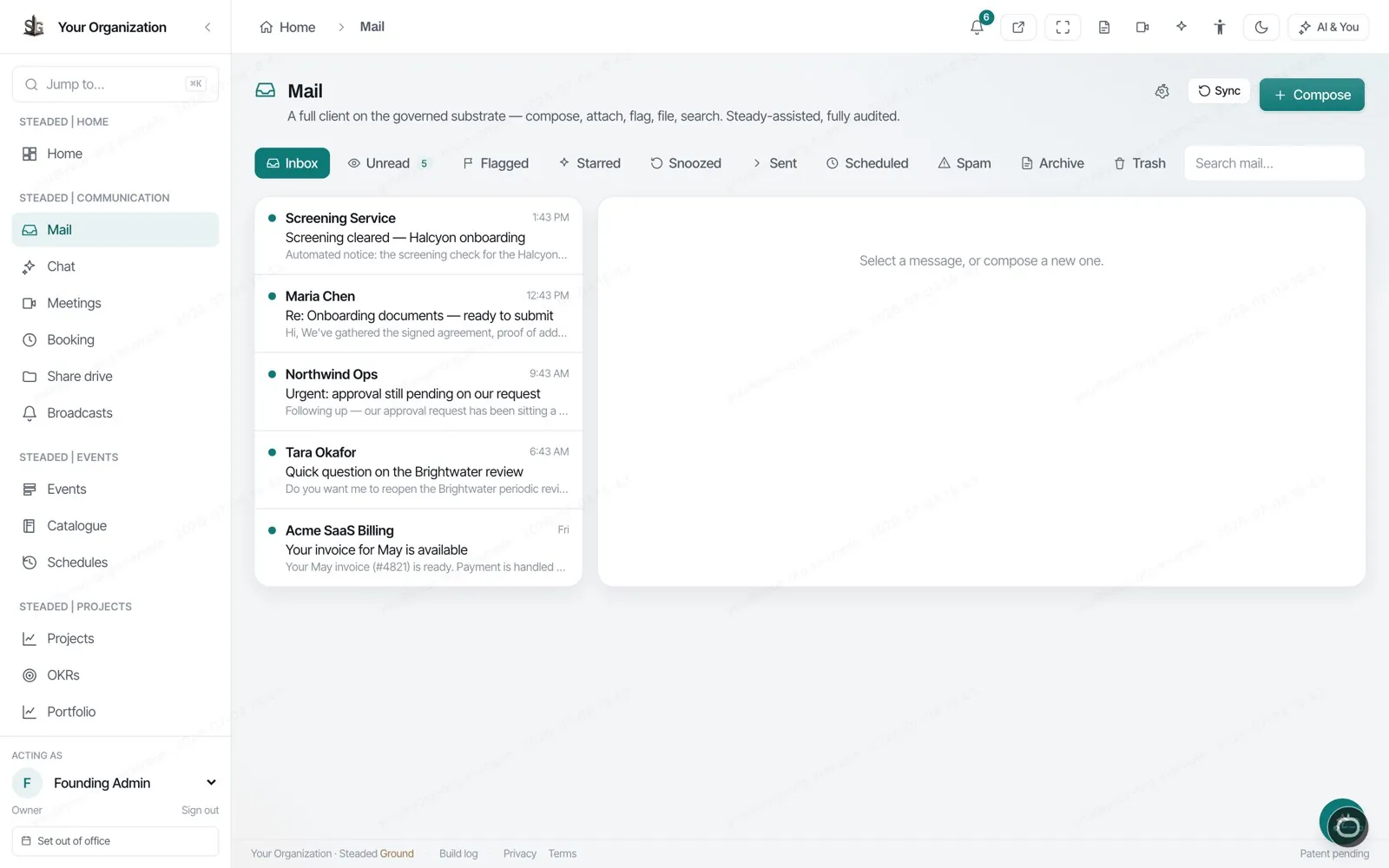 Steaded Ground mail: an inbox with threads, folders and compose, inside the governed platform